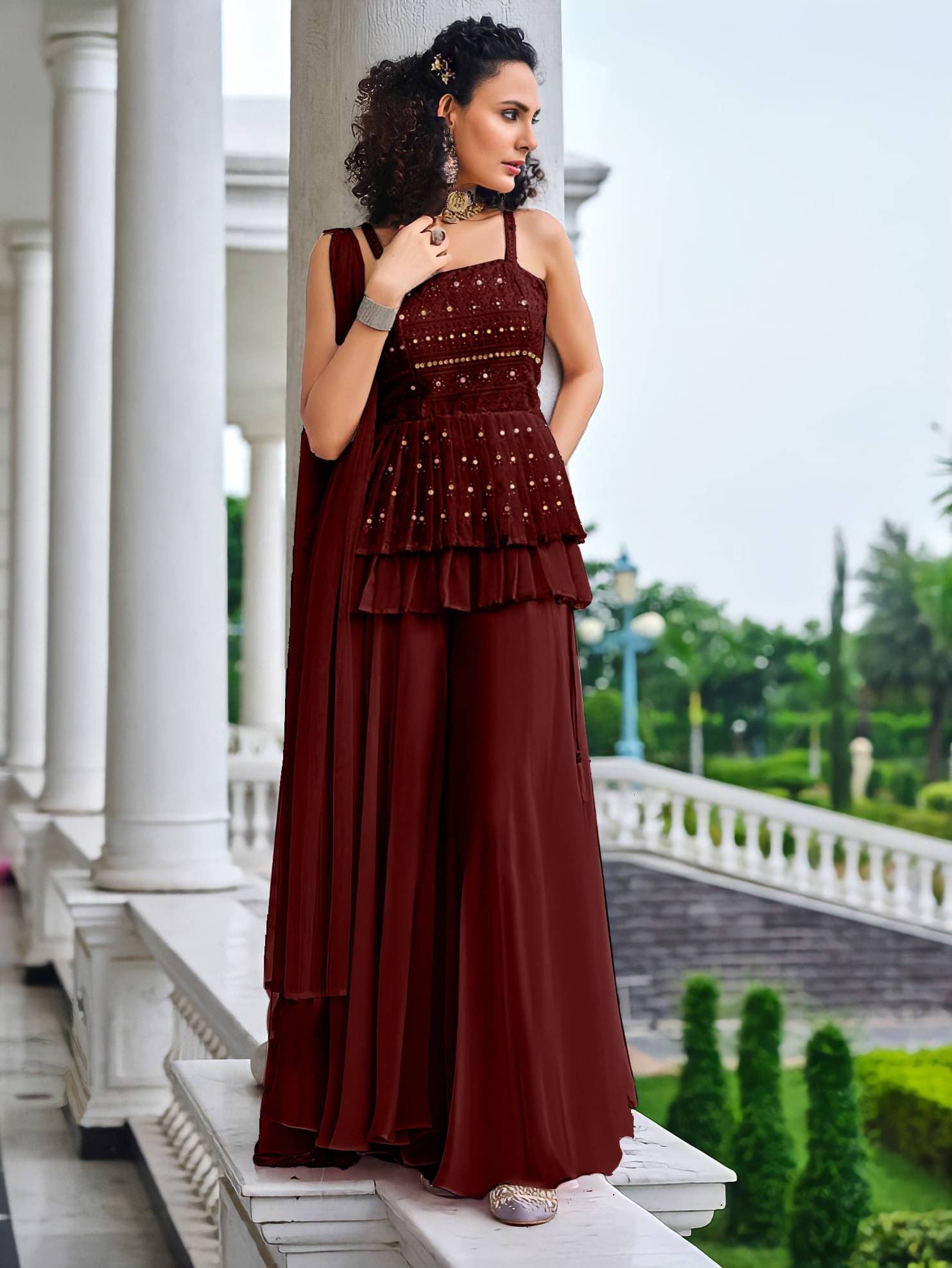     			kedar fab Women Georgette Printed A-line Kurti With Palazzo ( Maroon )