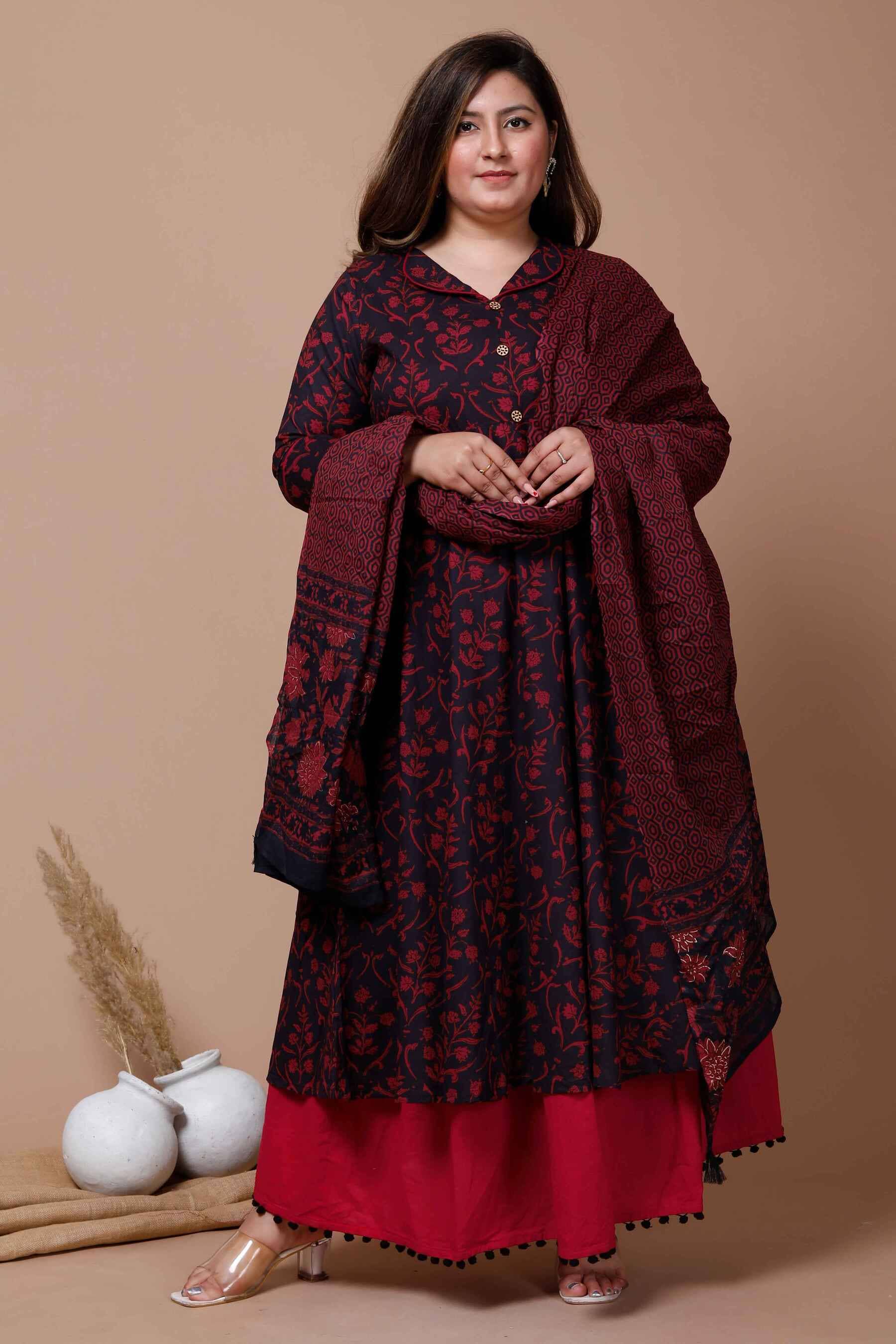 Doriyaan Pack of 1 Cotton Printed Anarkali Women's Kurti - ( Maroon ) - Kurtis, Tunics | Buy online on ZillyBuy