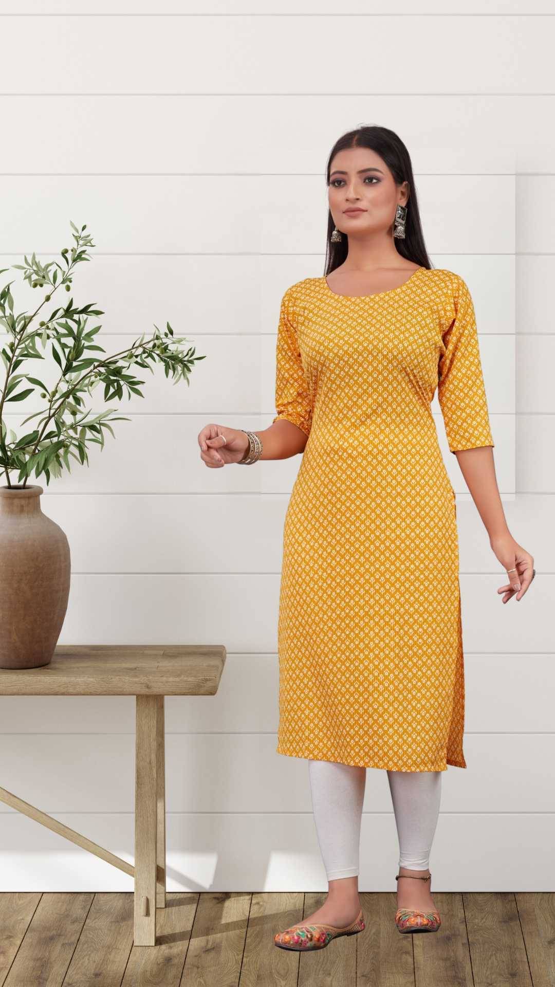 Gilhari Pack of 1 Crepe Printed Straight Women's Kurti - ( Yellow ) Gilhari Pack of 1 Crepe Printed Straight Women's Kurti - ( Yellow )