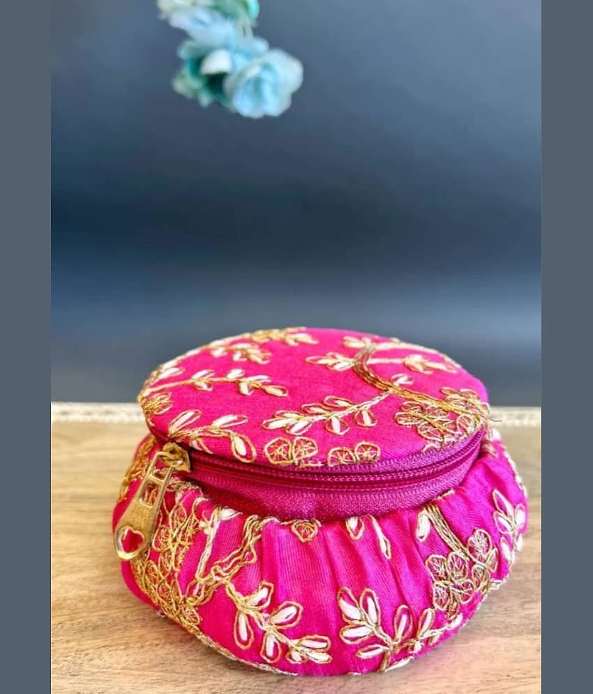 Koogly Embroidery Matki Shape Bangle Box/Makeup/Jewellery/Earring Storage/Wedding Gift Makeup And Jewellery Vanity Box (Pink) - Jewellery Sets | Buy online on ZillyBuy