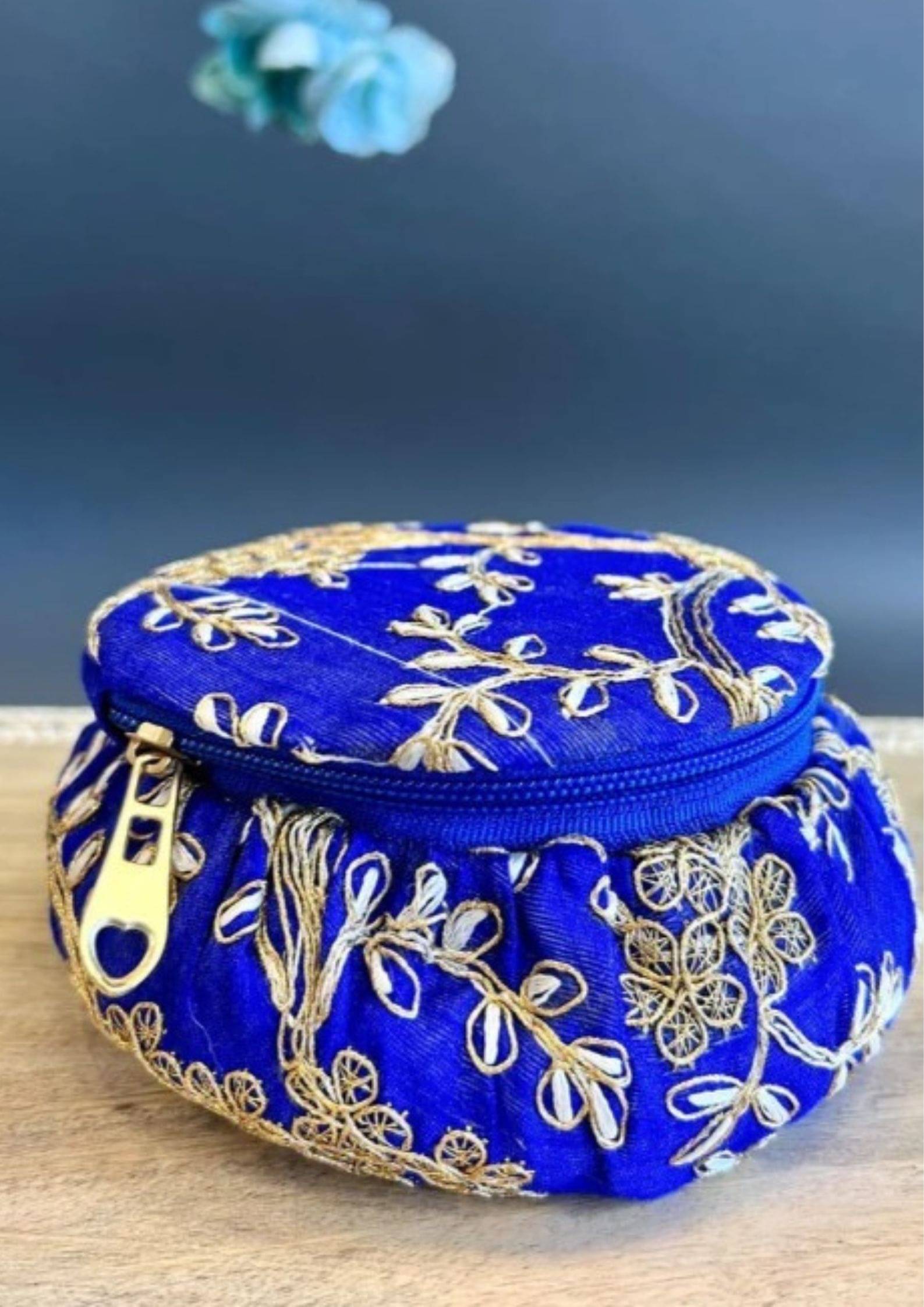 Koogly Embroidery Matki Shape Small Size Jewelry/BangleBox /Makeup/Earing Storage Fancy Marriage Gift and multipurpose Vanity Box  (Blue)     			Koogly Embroidery Matki Shape Small Size Jewelry/BangleBox /Makeup/Earing Storage Fancy Marriage Gift and multipurpose Vanity Box  (Blue)