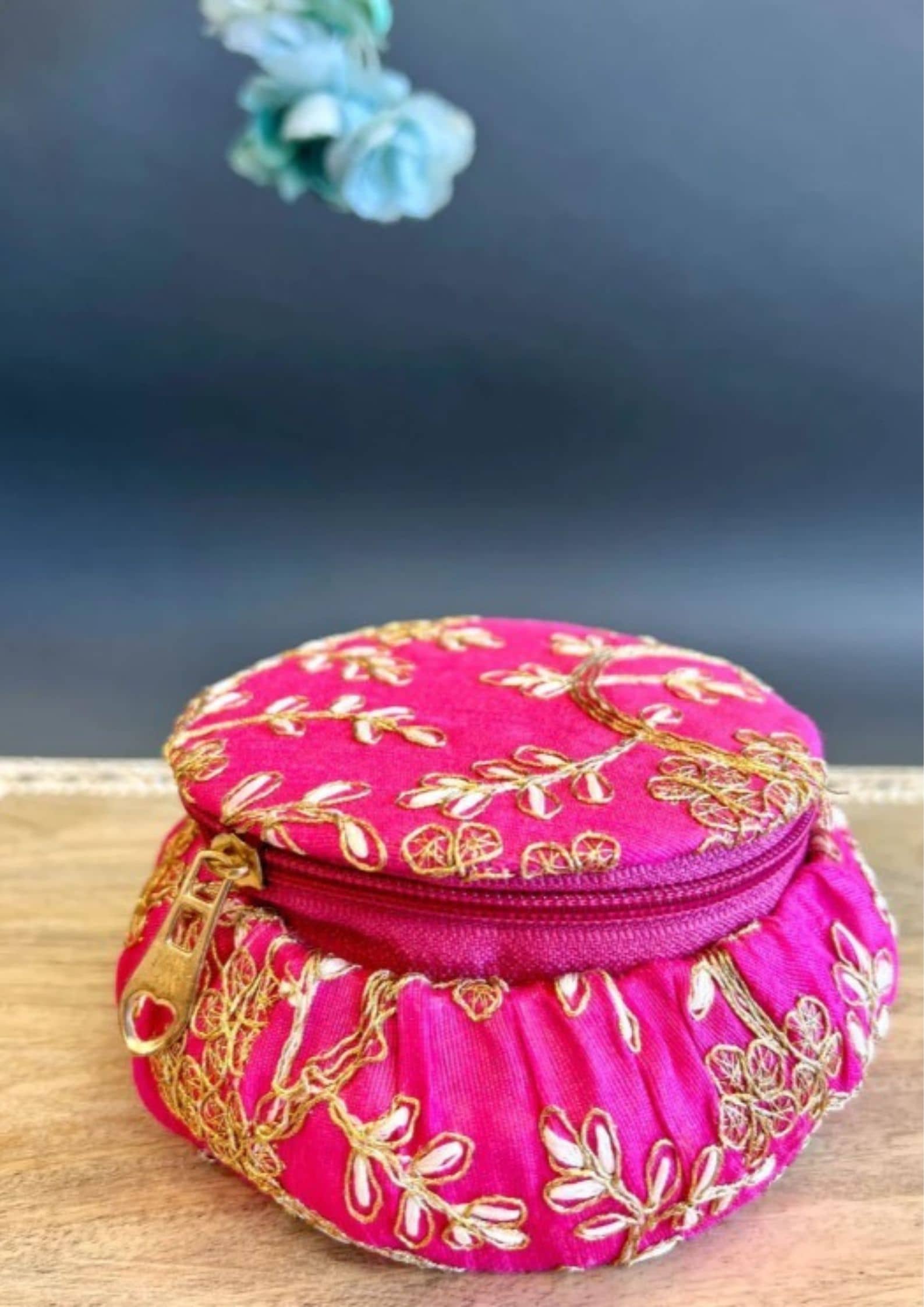 Koogly Embroidery Matki Shape Small Size Jewelry/BangleBox /Makeup/Earing Storage Fancy Marriage Gift and multipurpose Vanity Box  (Pink) - Jewellery Sets | Buy online on ZillyBuy