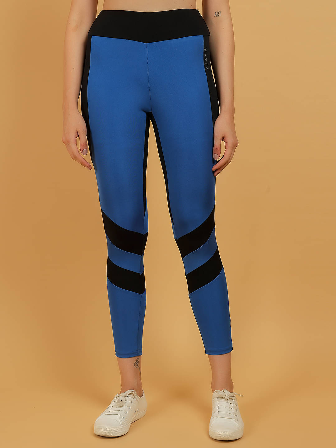     			N-Gal Blue Polyester Lycra Color Blocking Tights - Single