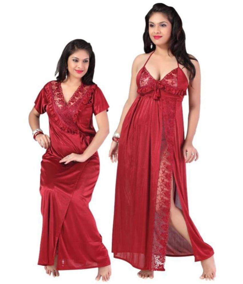 Romaisa Satin Nighty & Night Gowns - Maroon Single Romaisa Satin Nighty & Night Gowns - Maroon Single