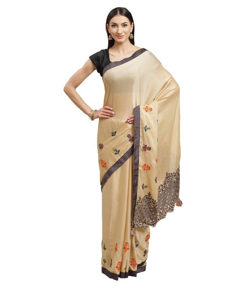     			Shaily Retails Satin Embroidered Saree With Unstitched Blouse Piece ( Beige )