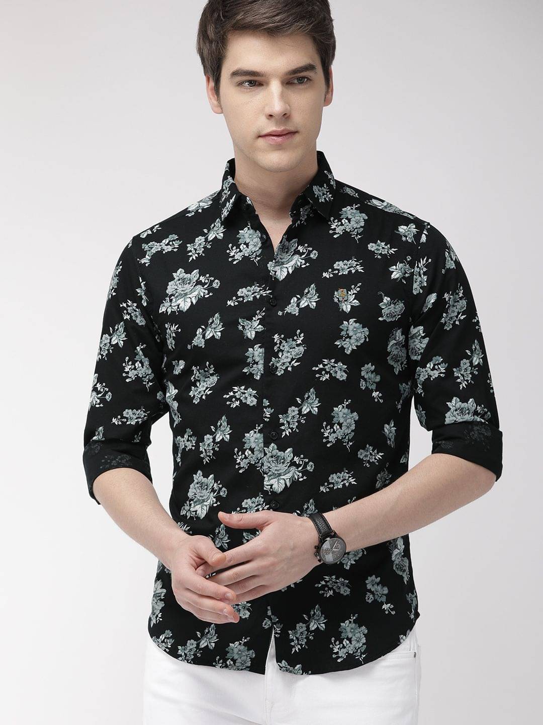 The Indian Garage Co Men Black & Grey Slim Fit Floral Printed Casual Shirt The Indian Garage Co Men Black & Grey Slim Fit Floral Printed Casual Shirt