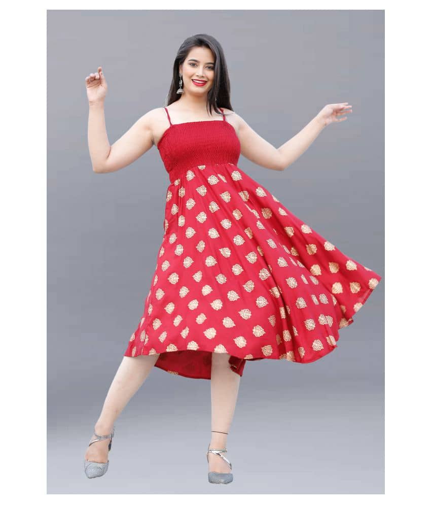 ZAMAISHA Women Rayon Printed Fit & Flare Dress ( Maroon )