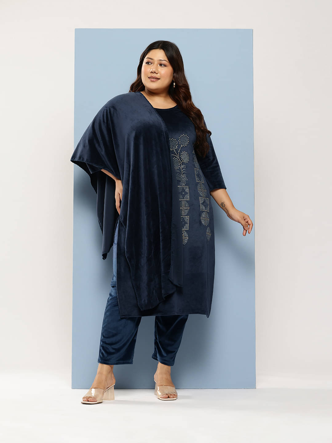     			Aarika Velvet Embellished Kurti With Pants Women's Stitched Salwar Suit - Blue ( Pack of 1 )