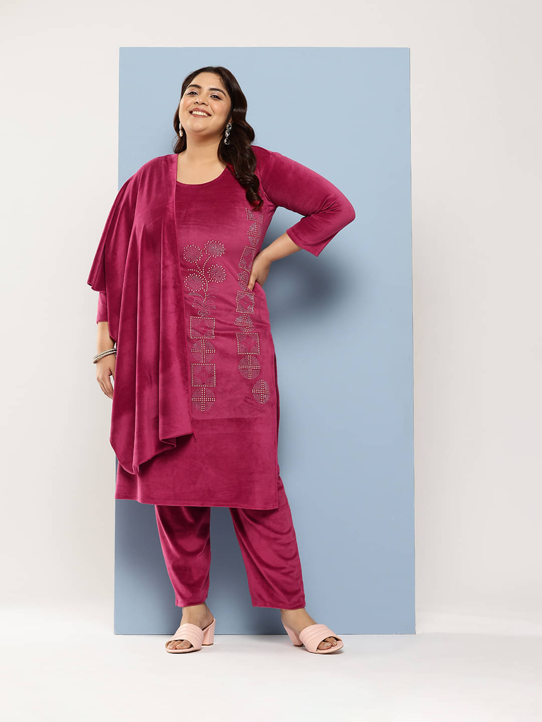 Aarika Velvet Embellished Kurti With Pants Women's Stitched Salwar Suit - Pink ( Pack of 1 ) Aarika Velvet Embellished Kurti With Pants Women's Stitched Salwar Suit - Pink ( Pack of 1 )