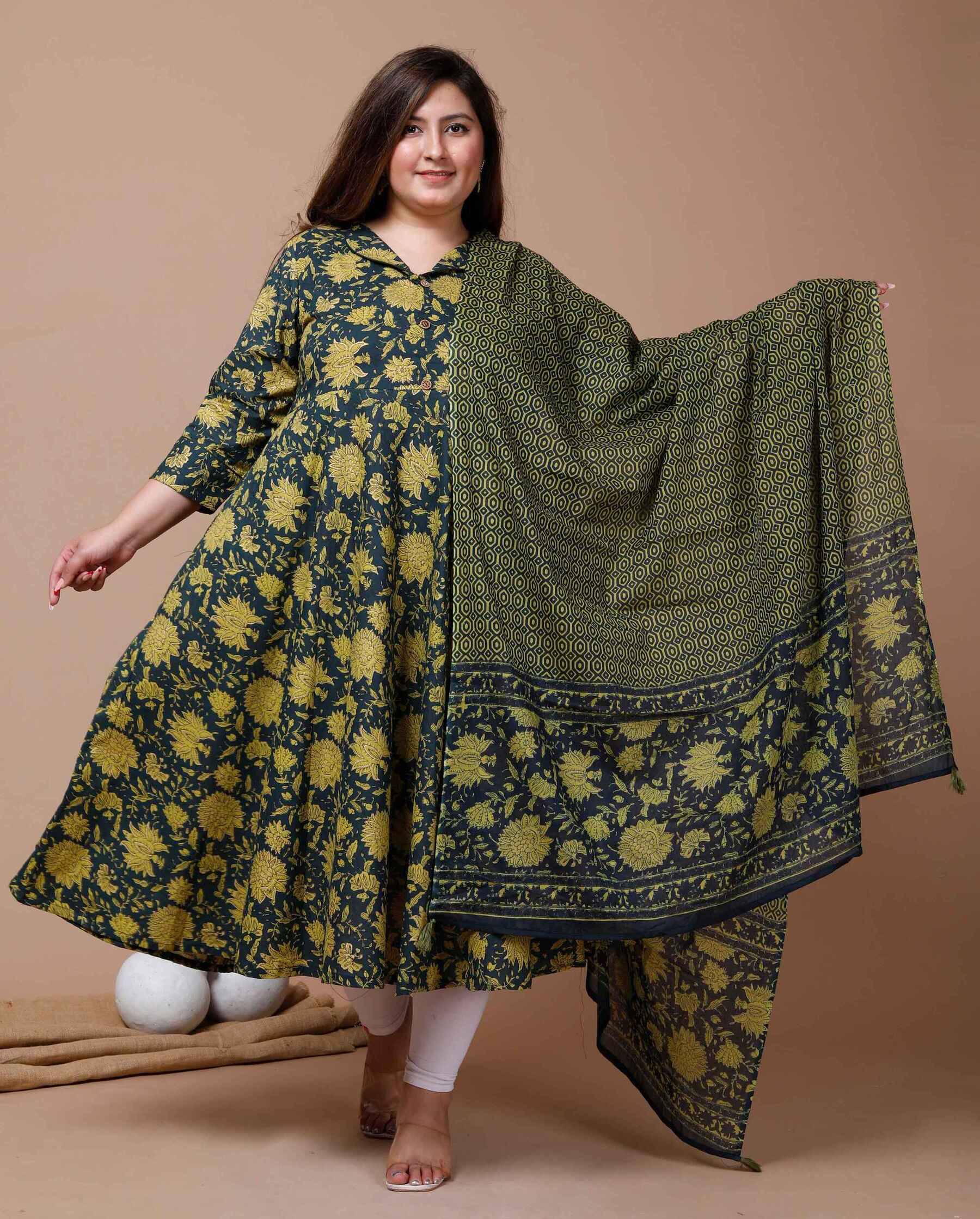 Doriyaan Pack of 1 Cotton Printed Anarkali Women's Kurti - ( Green )     			Doriyaan Pack of 1 Cotton Printed Anarkali Women's Kurti - ( Green )