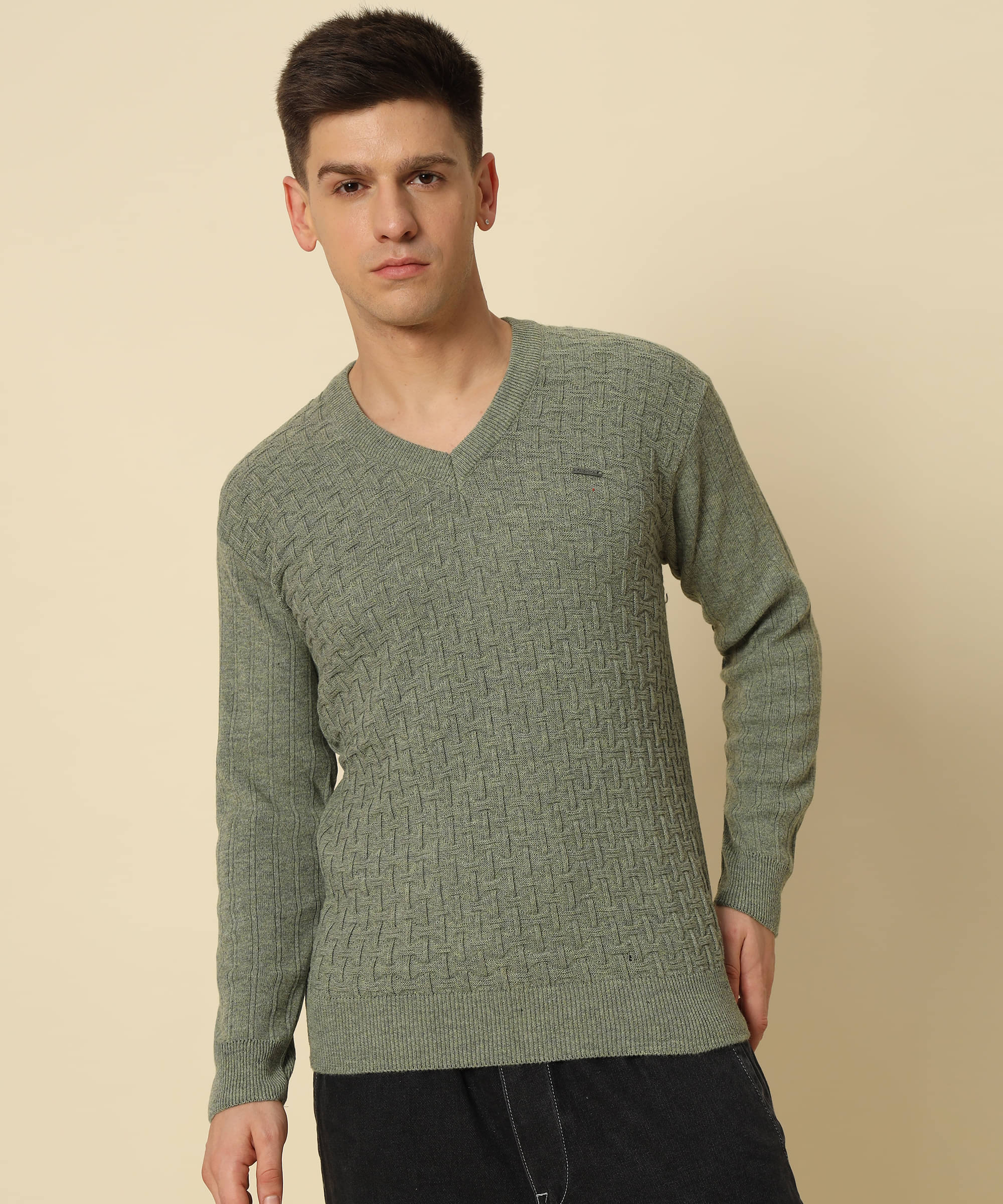     			HELL BOUND Woollen V-Neck Men's Full Sleeves Pullover Sweater - Green ( Pack of 1 )