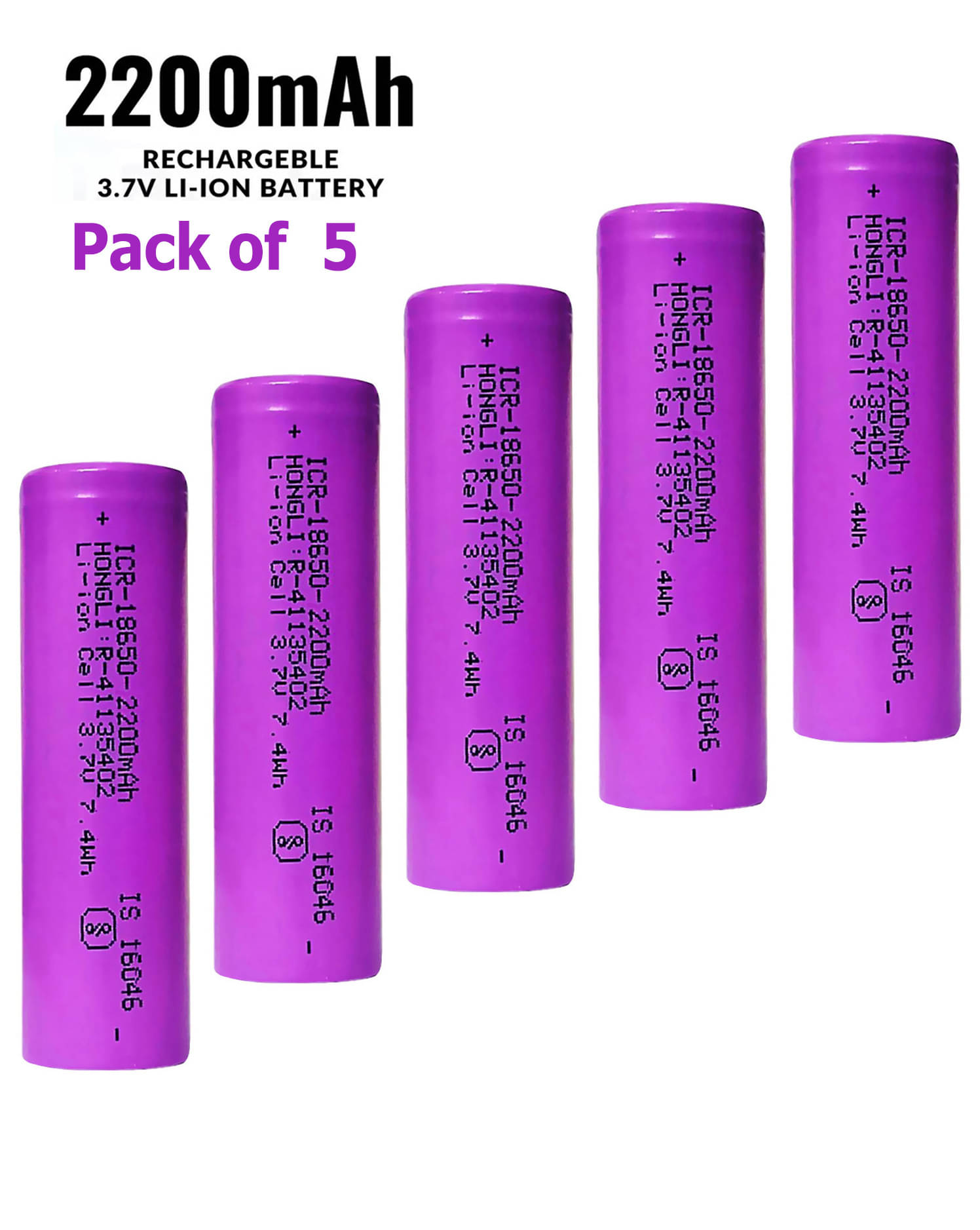 Long Backup 18650 Rechargeable li-Lion Batteries 2200mAh (PACK OF 5). Long Backup 18650 Rechargeable li-Lion Batteries 2200mAh (PACK OF 5).