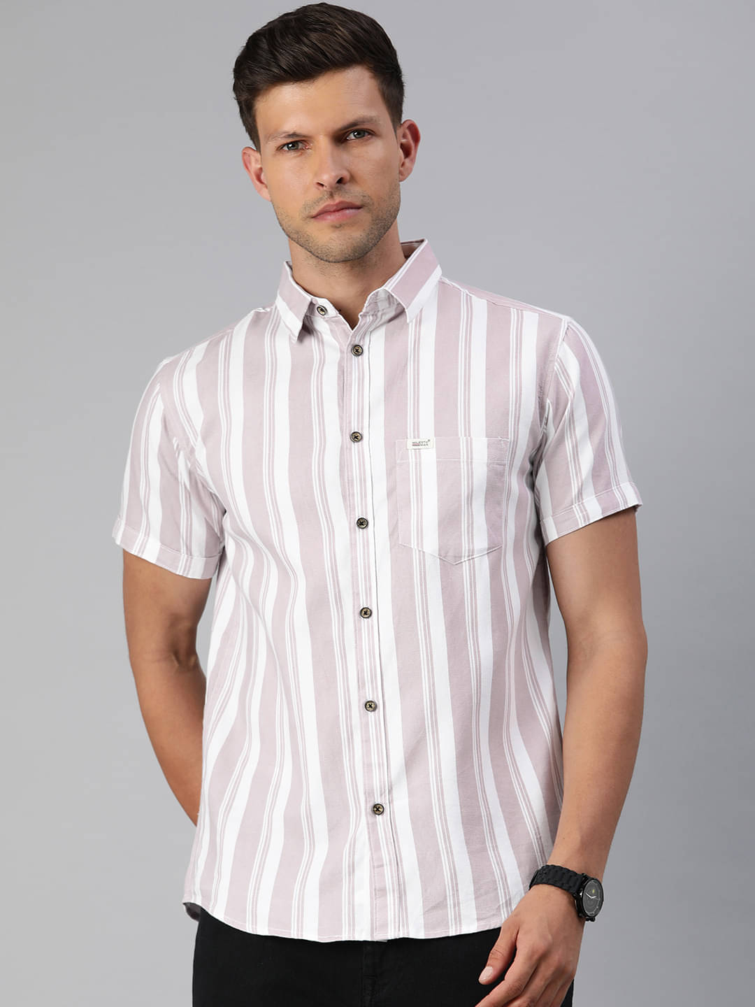 MAJESTIC MAN 100% Cotton Slim Fit Striped Half Sleeves Men's Casual Shirt - Purple ( Pack of 1 ) MAJESTIC MAN 100% Cotton Slim Fit Striped Half Sleeves Men's Casual Shirt - Purple ( Pack of 1 )