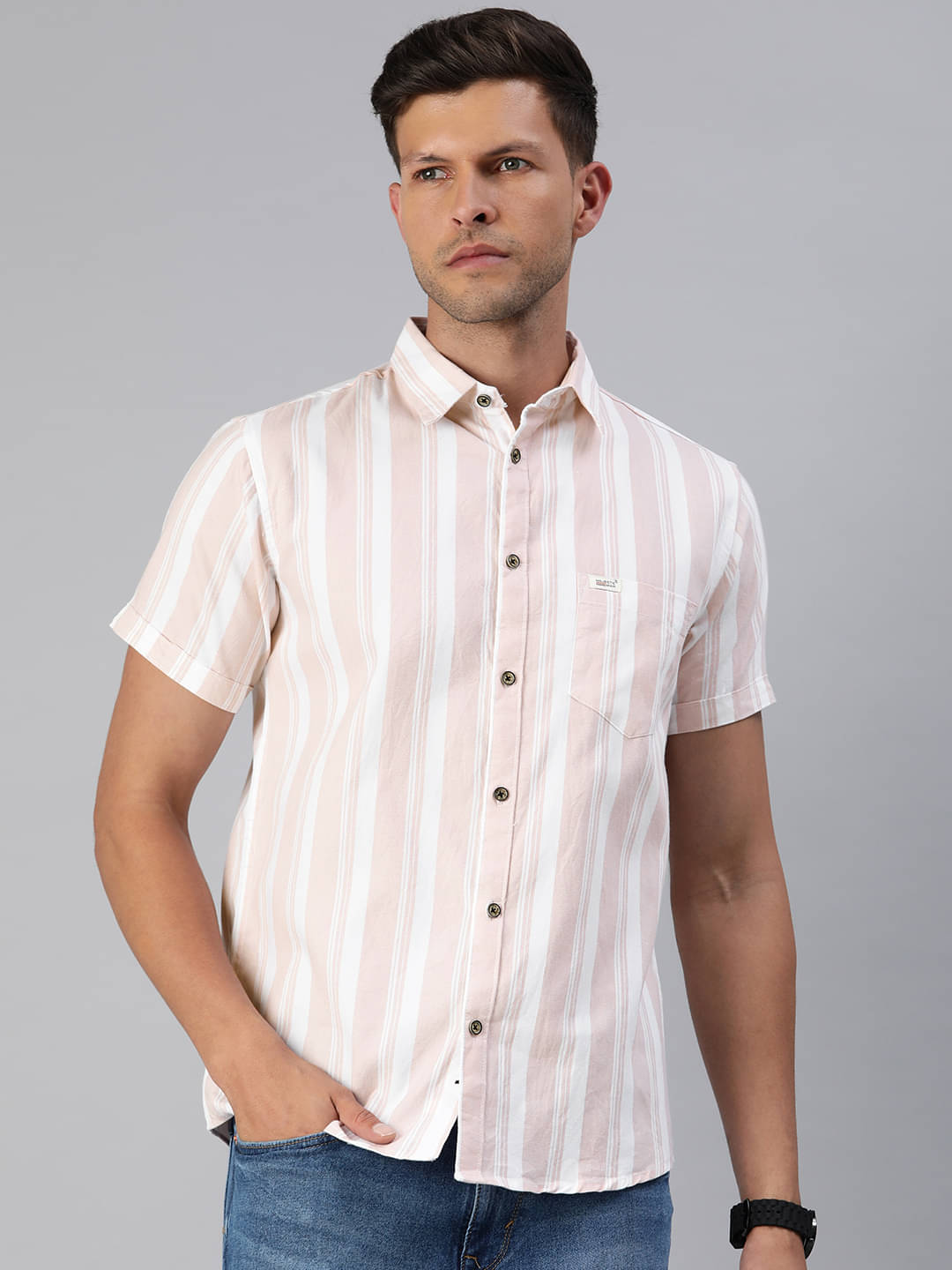 MAJESTIC MAN 100% Cotton Slim Fit Striped Half Sleeves Men's Casual Shirt - Pink ( Pack of 1 )     			MAJESTIC MAN 100% Cotton Slim Fit Striped Half Sleeves Men's Casual Shirt - Pink ( Pack of 1 )