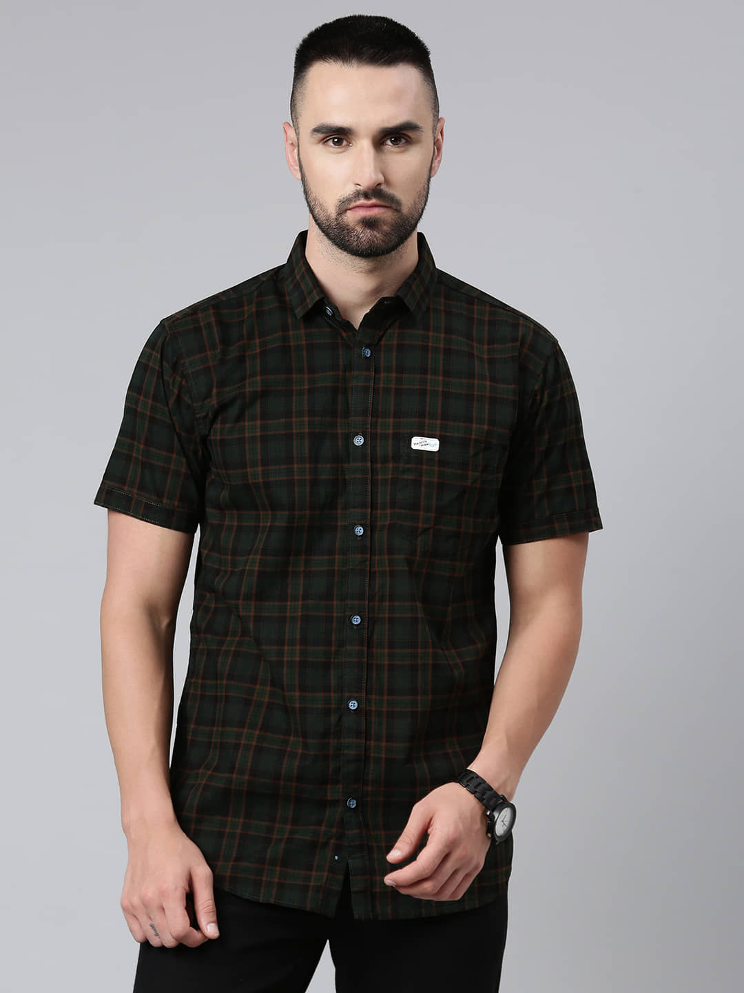 MAJESTIC MAN 100% Cotton Slim Fit Checks Half Sleeves Men's Casual Shirt - Olive ( Pack of 1 )