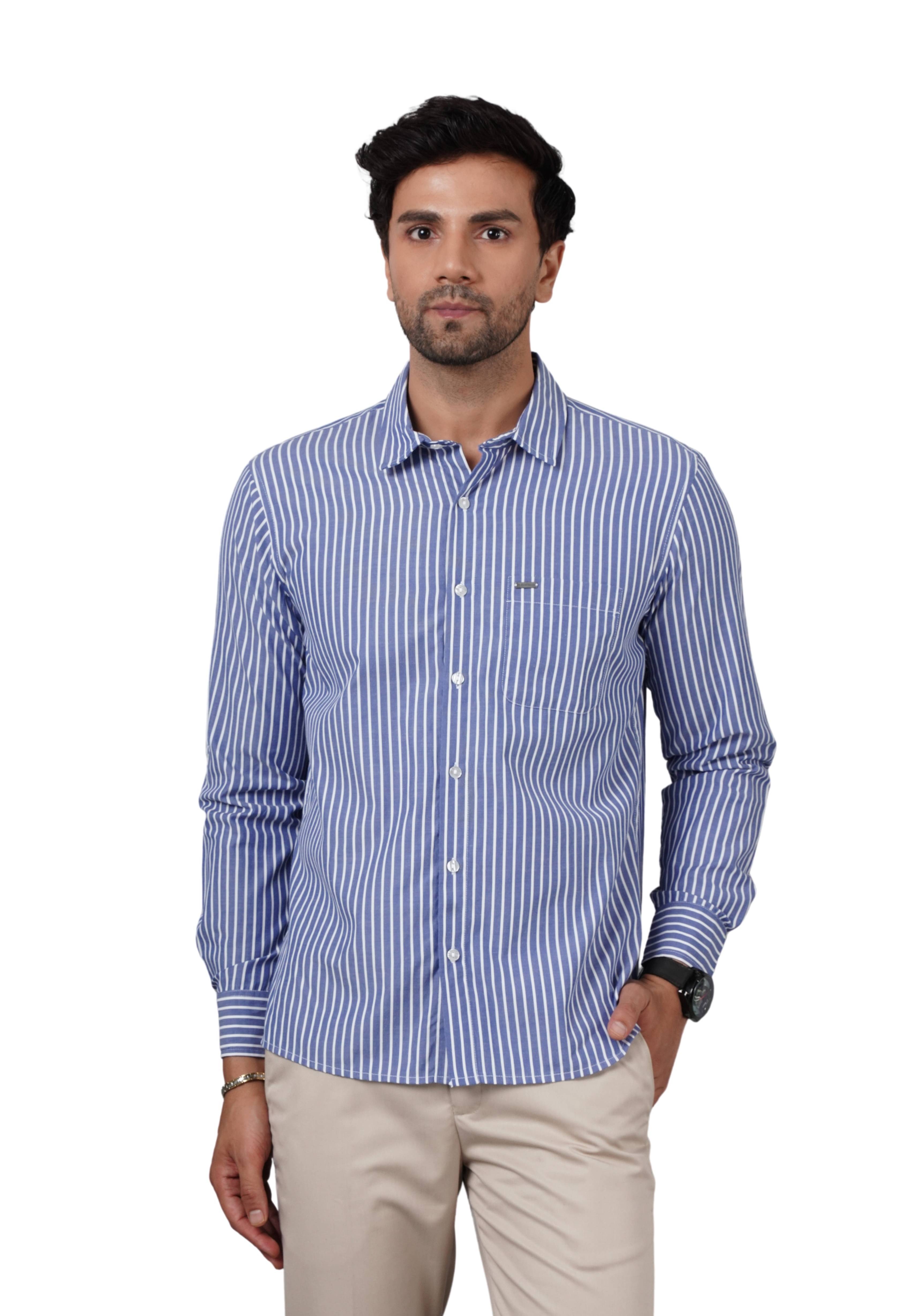 NUEVOSPORTA Cotton Blend Regular Fit Striped Full Sleeves Men's Casual Shirt - Navy Blue ( Pack of 1 ) NUEVOSPORTA Cotton Blend Regular Fit Striped Full Sleeves Men's Casual Shirt - Navy Blue ( Pack of 1 )