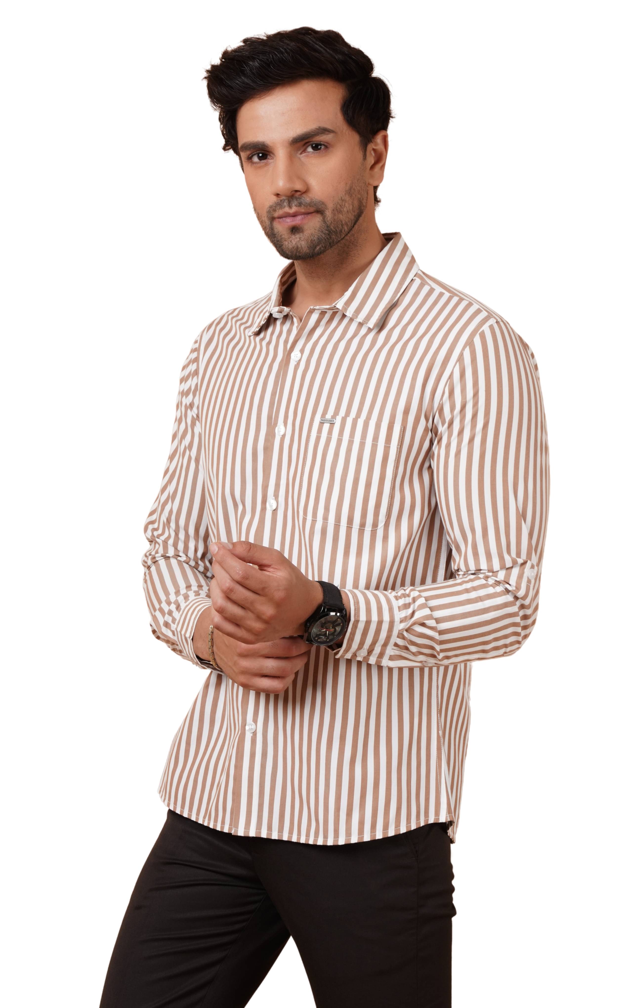 NUEVOSPORTA Cotton Blend Regular Fit Striped Full Sleeves Men's Casual Shirt - Brown ( Pack of 1 ) NUEVOSPORTA Cotton Blend Regular Fit Striped Full Sleeves Men's Casual Shirt - Brown ( Pack of 1 )