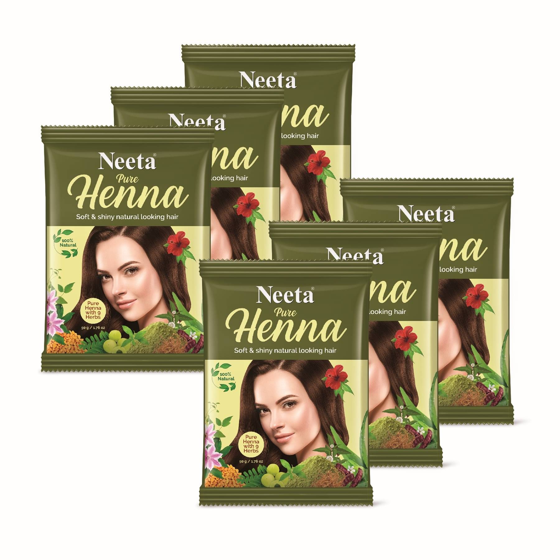     			Neeta Pure Henna Powder for Hair with 9 Natural Herbs 50gm Pack of 6, 100% Natural Henna Mehndi for Natural Looking Hair