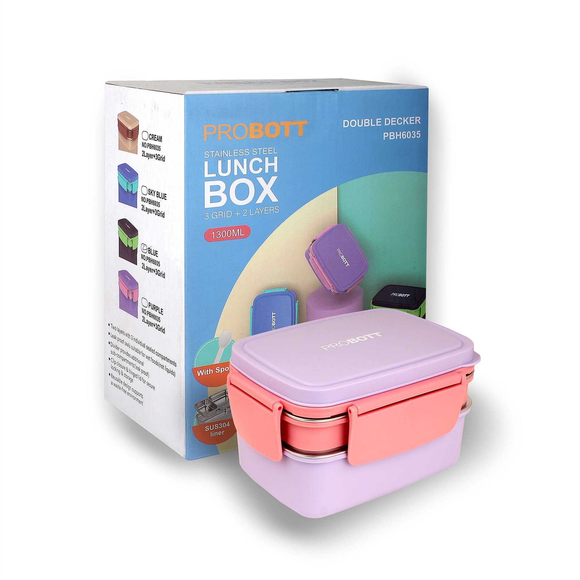    			Probott Double Decker 1300ml Stainless Steel Lunch Box 3 - Container ( Pack of 1 )