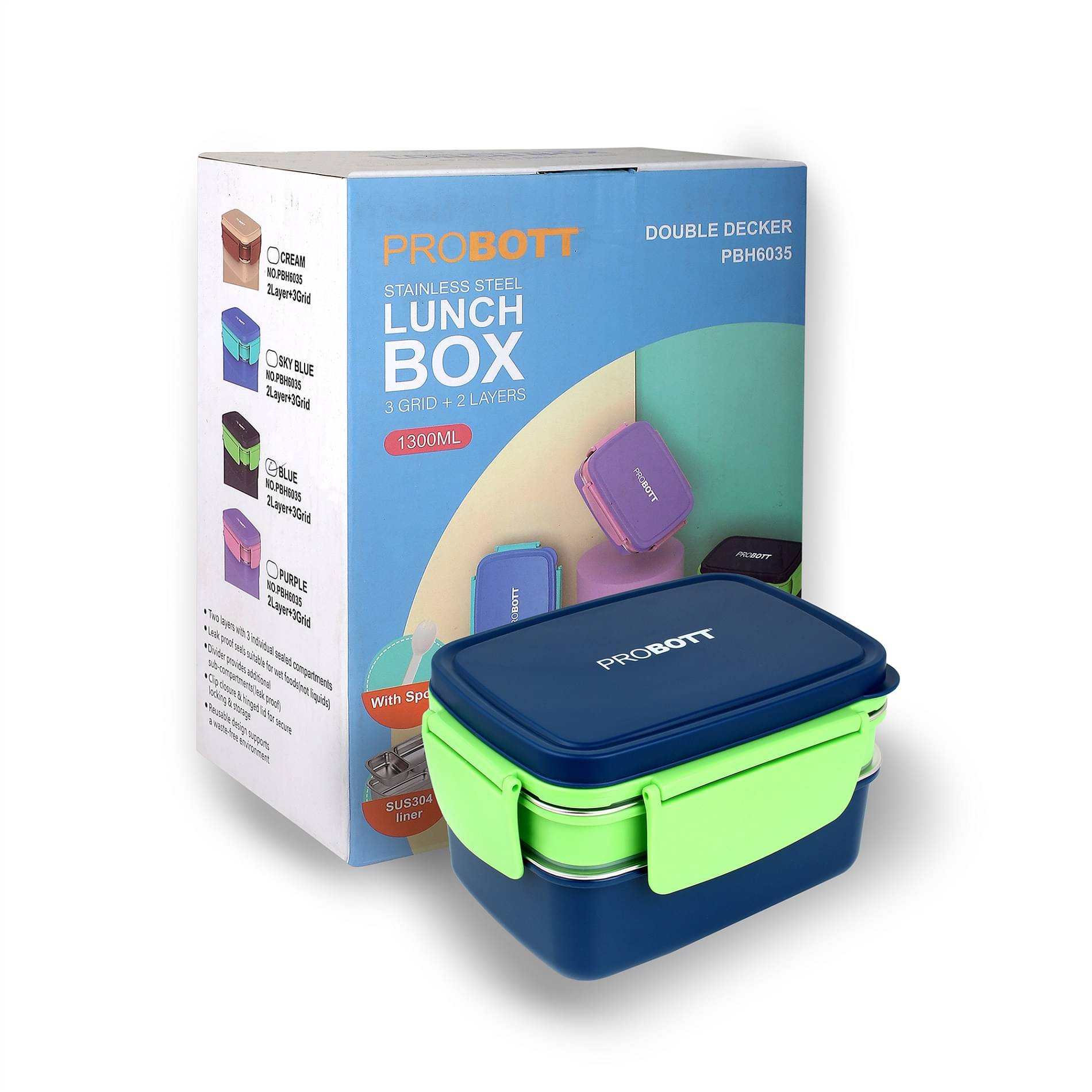     			Probott Double Decker 1300ml Stainless Steel Lunch Box 3 - Container ( Pack of 1 )