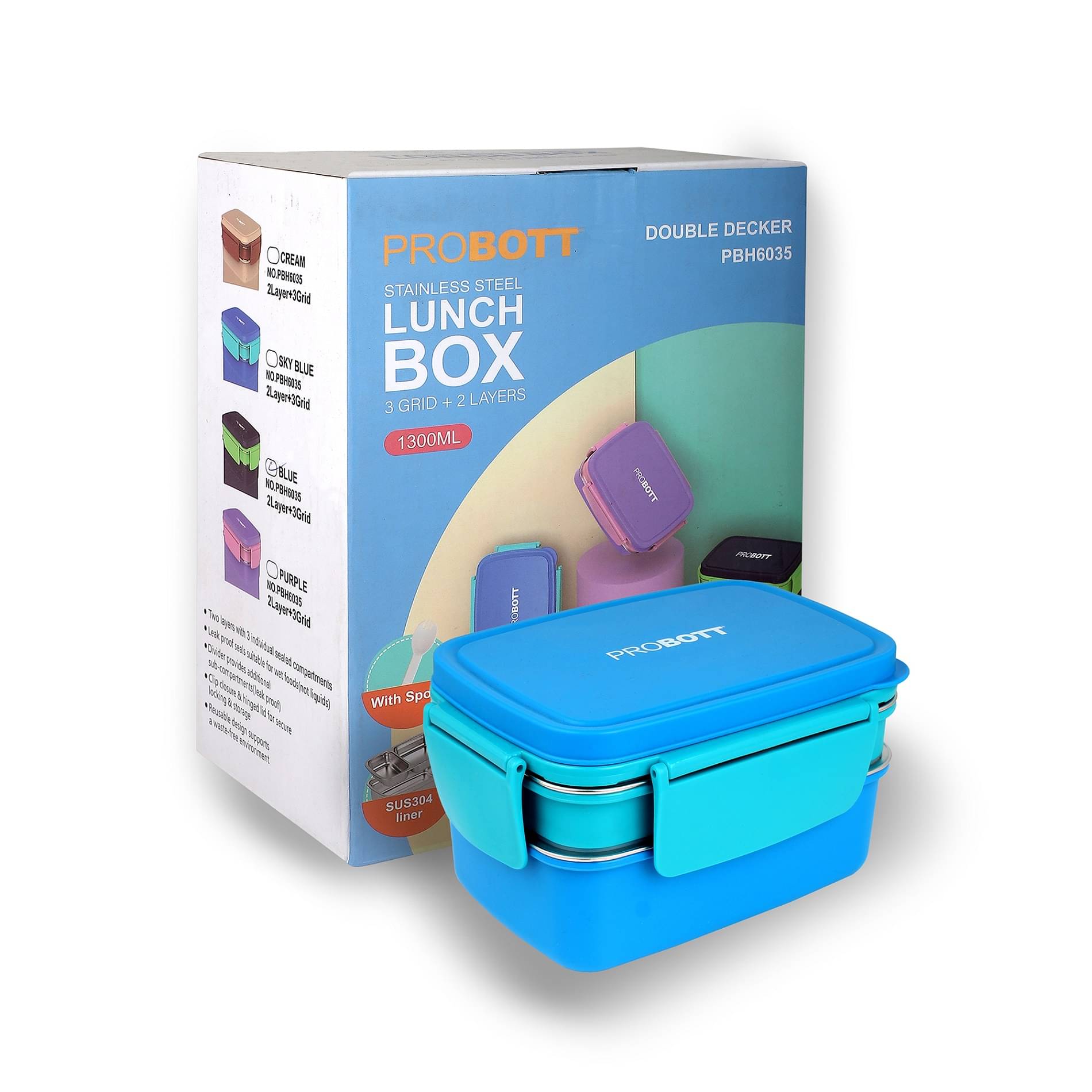     			Probott Double Decker 1300ml Stainless Steel Lunch Box 3 - Container ( Pack of 1 )