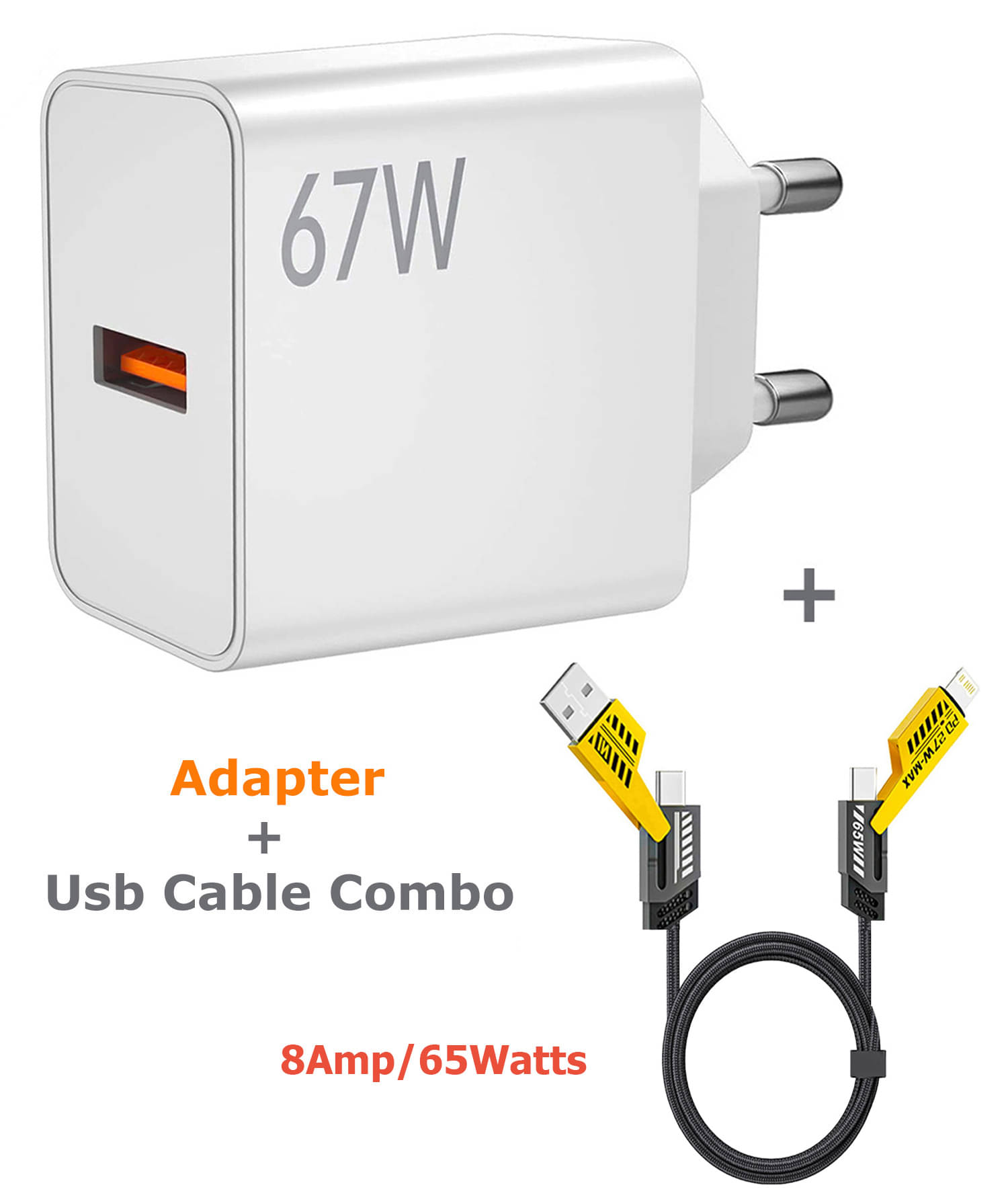 Retailstore 4-in-1 8AMP FAST Charging cable with 67Watt Adapter Combo 1     			Retailstore 4-in-1 8AMP FAST Charging cable with 67Watt Adapter Combo 1