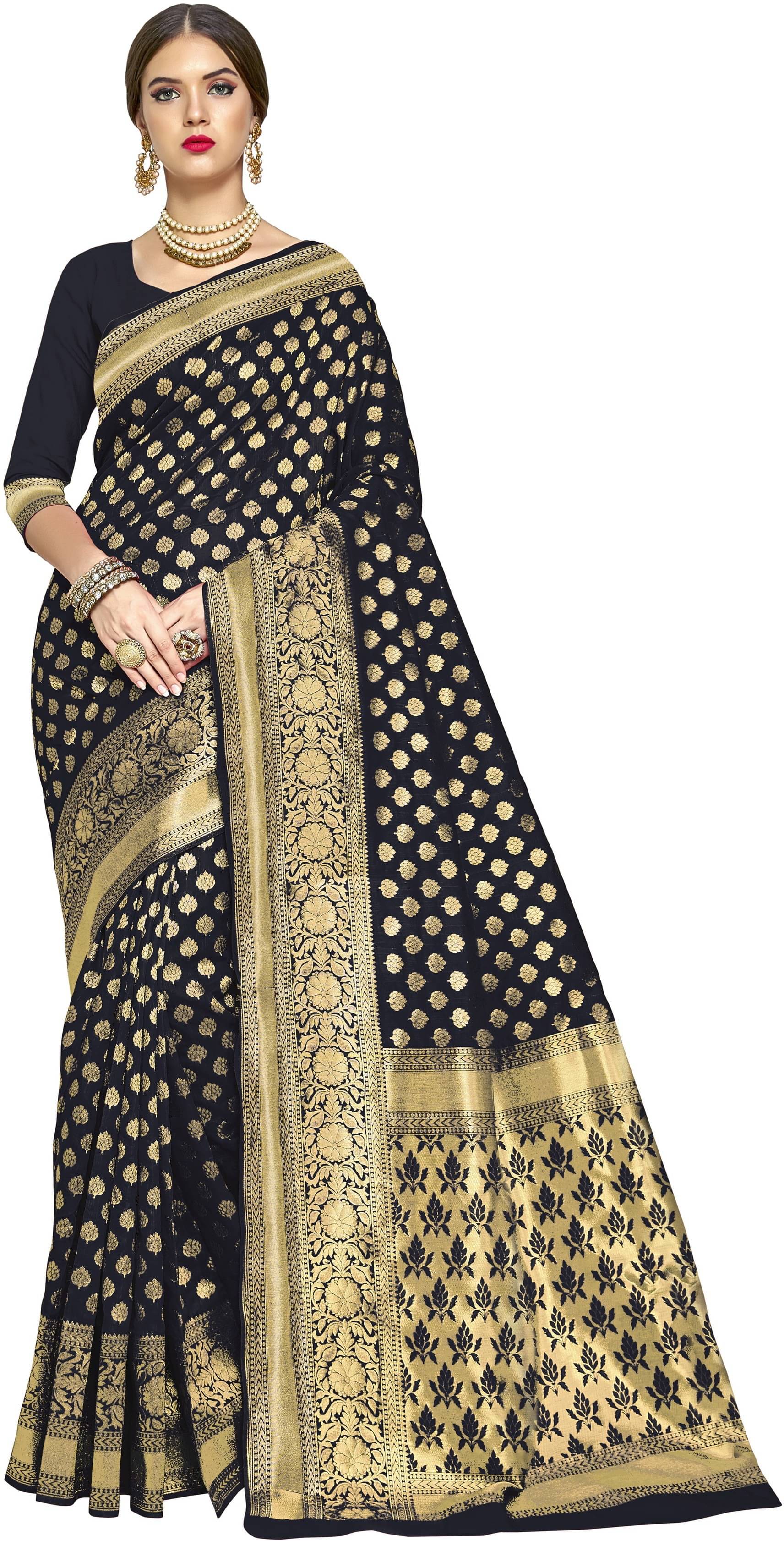 Sariya Jacquard Embellished Saree With Unstitched Blouse Piece ( Black ) Sariya Jacquard Embellished Saree With Unstitched Blouse Piece ( Black )