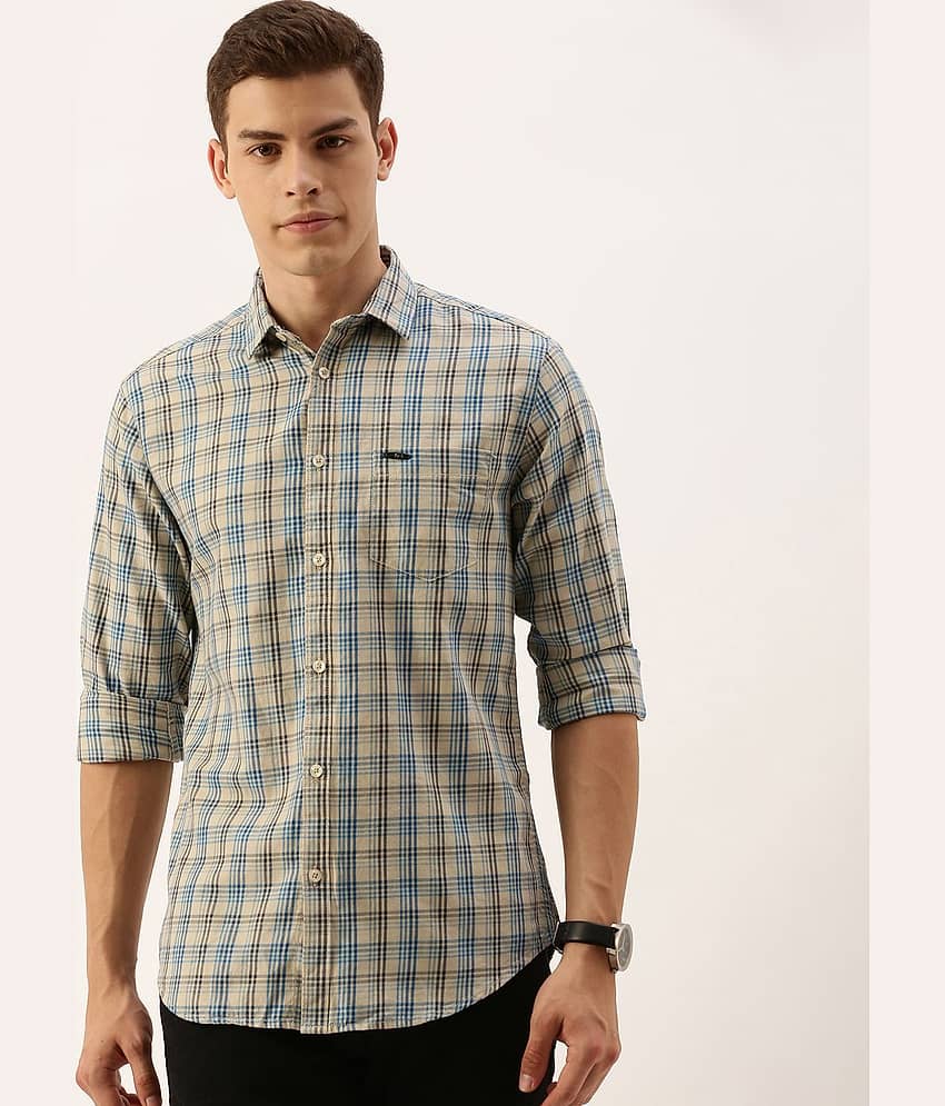 The Indian Garage Co Men Beige & Blue Slim Fit Checked Casual Shirt