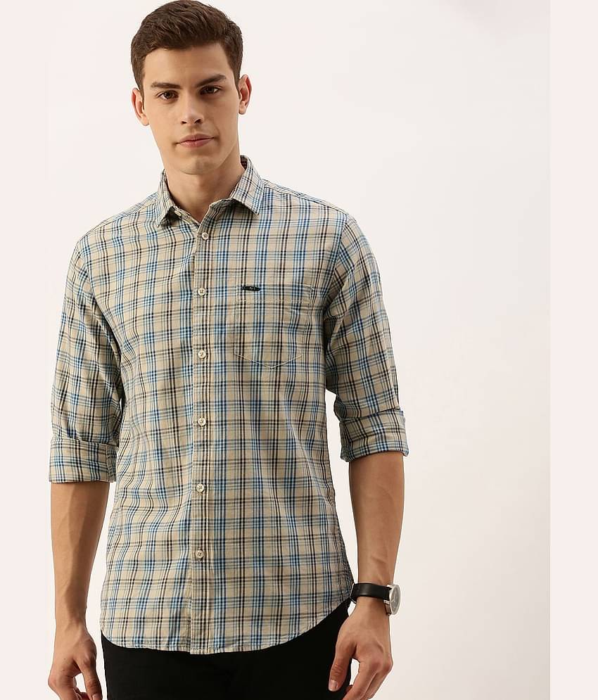 The Indian Garage Co Men Beige & Blue Slim Fit Checked Casual Shirt