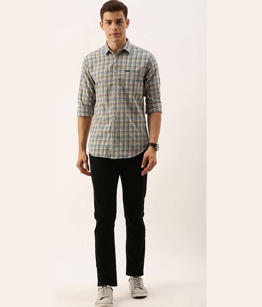 The Indian Garage Co Men Beige & Blue Slim Fit Checked Casual Shirt