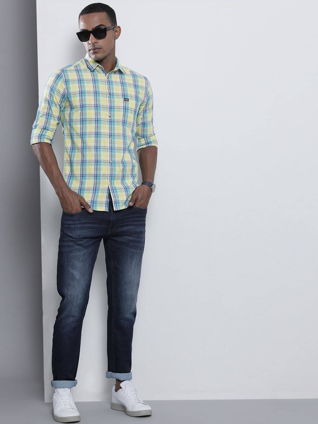     			The Indian Garage Co Men Yellow & Green Checked Cotton Casual Shirt