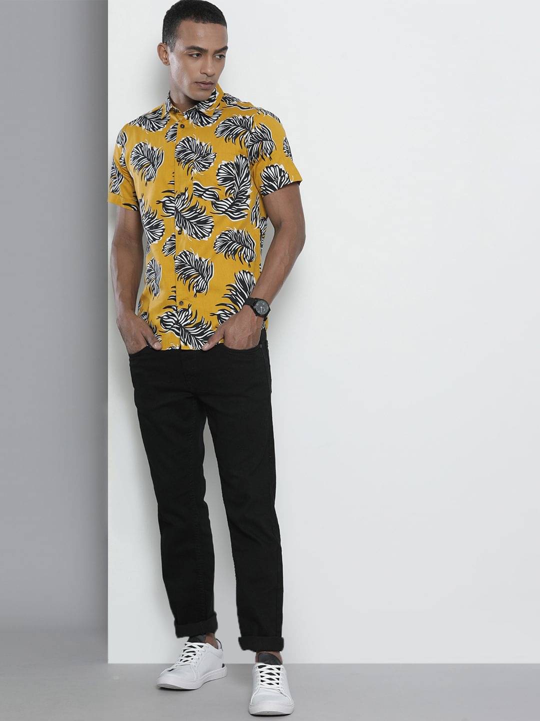     			The Indian Garage Co Men Mustard Regular Fit Conversational Opaque Printed Casual Shirt