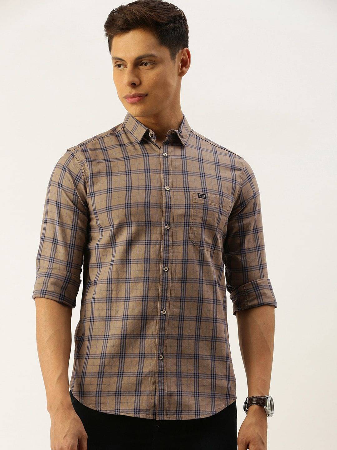     			The Indian Garage Co Men Beige & Navy Blue Slim Fit Printed Casual Shirt