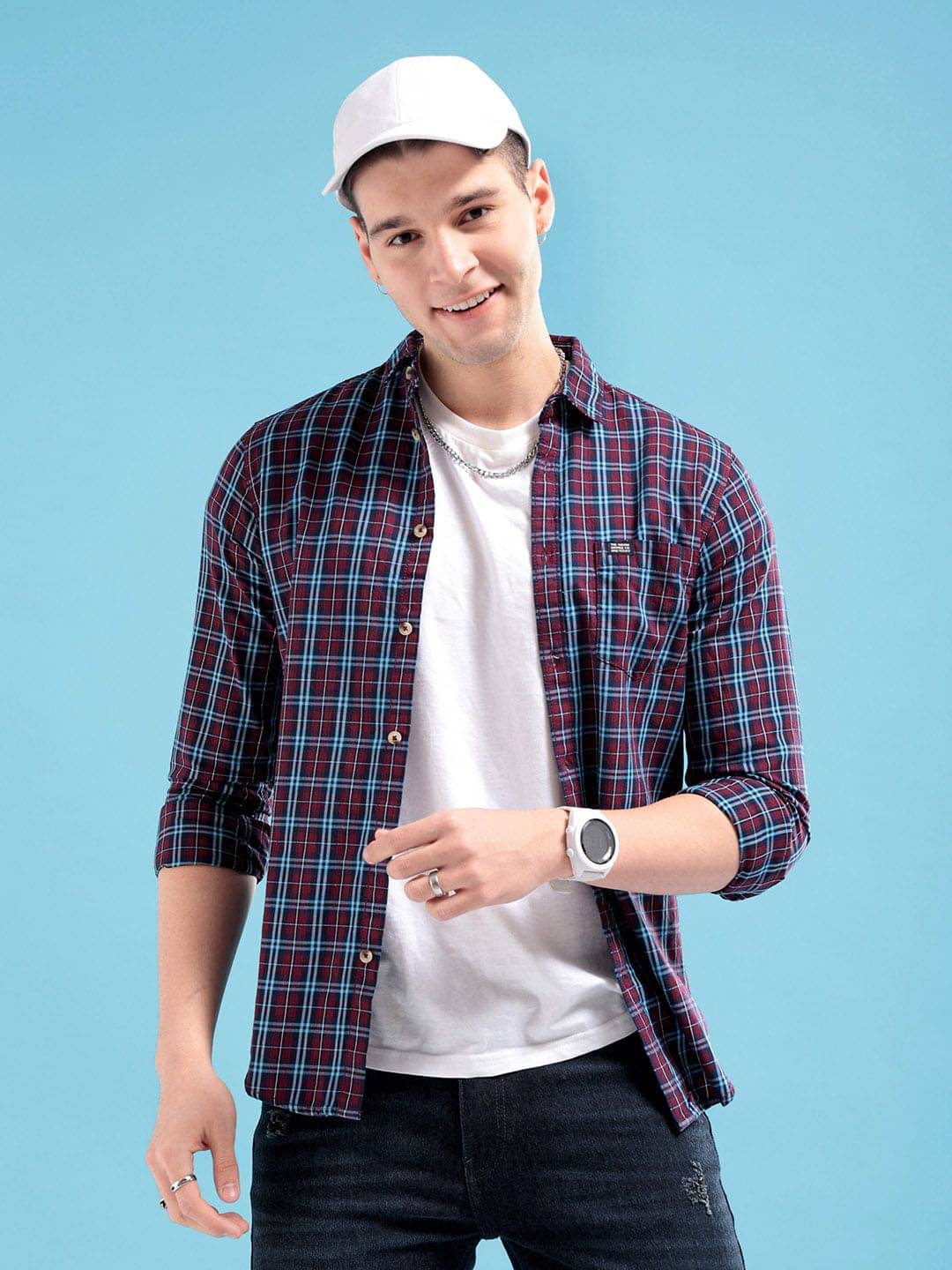 The Indian Garage Co Men Maroon & Blue Regular Fit Checked Casual Shirt The Indian Garage Co Men Maroon & Blue Regular Fit Checked Casual Shirt