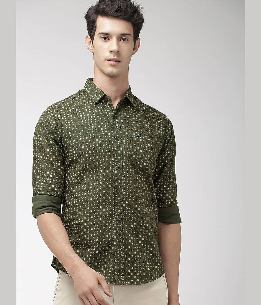 The Indian Garage Co Men Olive Green & Beige Regular Fit Printed Casual Shirt
