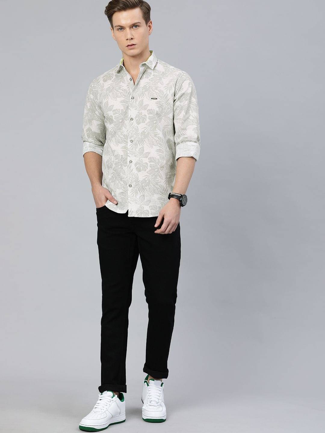 The Indian Garage Co Men Grey Slim Fit Tropical Printed Casual Shirt - Image 5