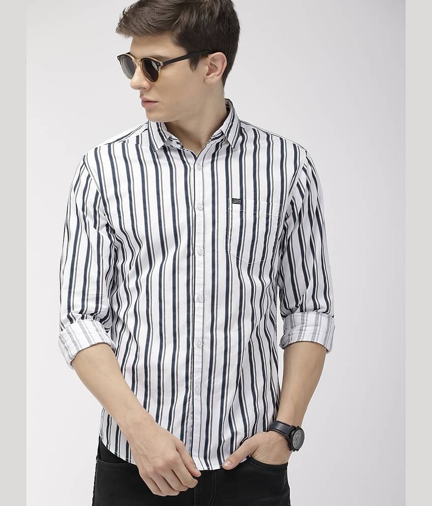 The Indian Garage Co Men White & Teal Blue Slim Fit Striped Casual Shirt