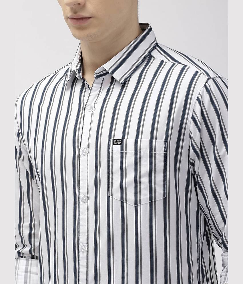 The Indian Garage Co Men White & Teal Blue Slim Fit Striped Casual Shirt