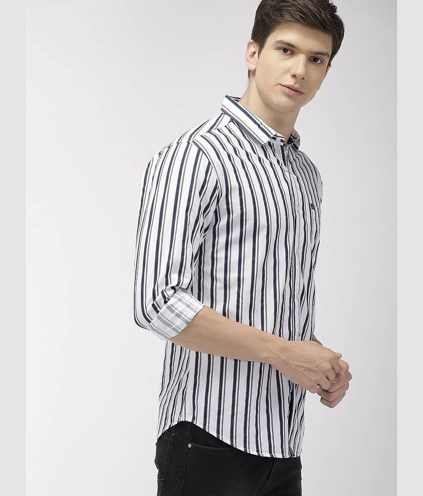 The Indian Garage Co Men White & Teal Blue Slim Fit Striped Casual Shirt