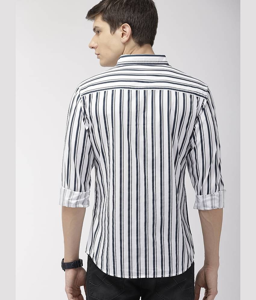 The Indian Garage Co Men White & Teal Blue Slim Fit Striped Casual Shirt