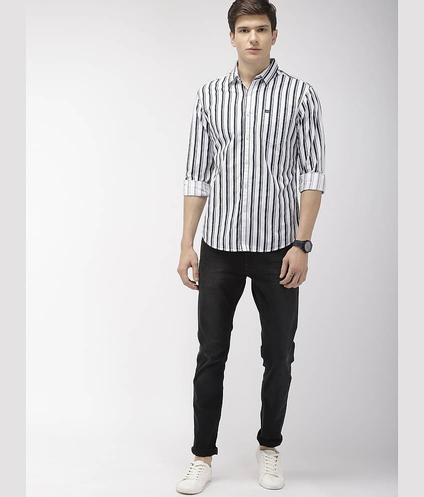 The Indian Garage Co Men White & Teal Blue Slim Fit Striped Casual Shirt