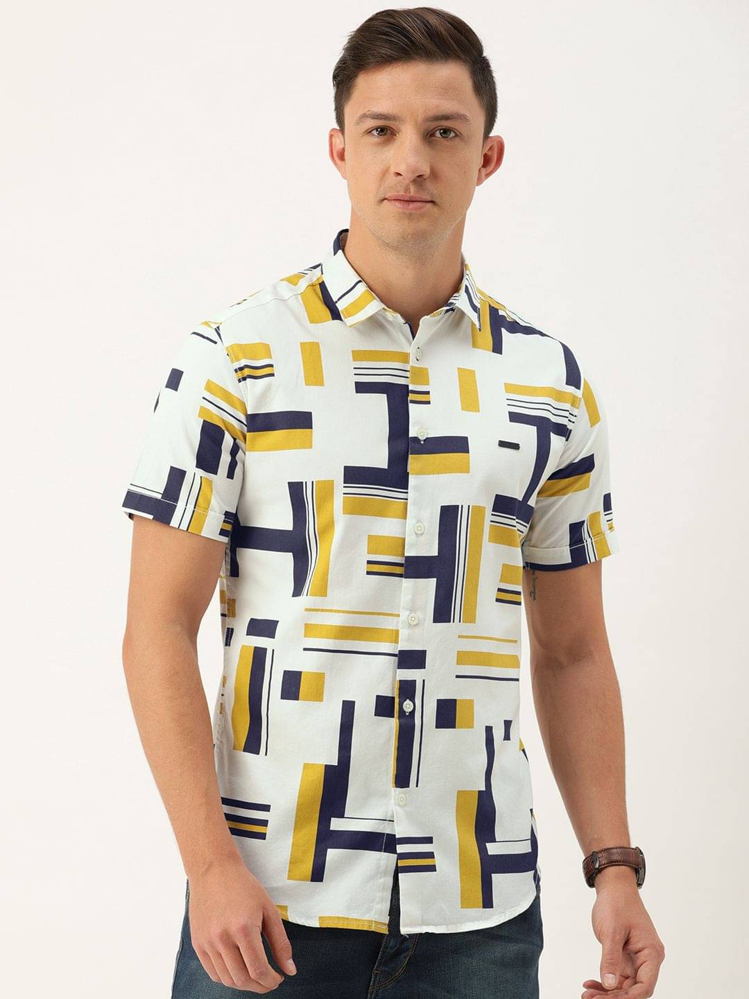 The Indian Garage Co Men White & Navy Blue Slim Fit Printed Casual Shirt The Indian Garage Co Men White & Navy Blue Slim Fit Printed Casual Shirt