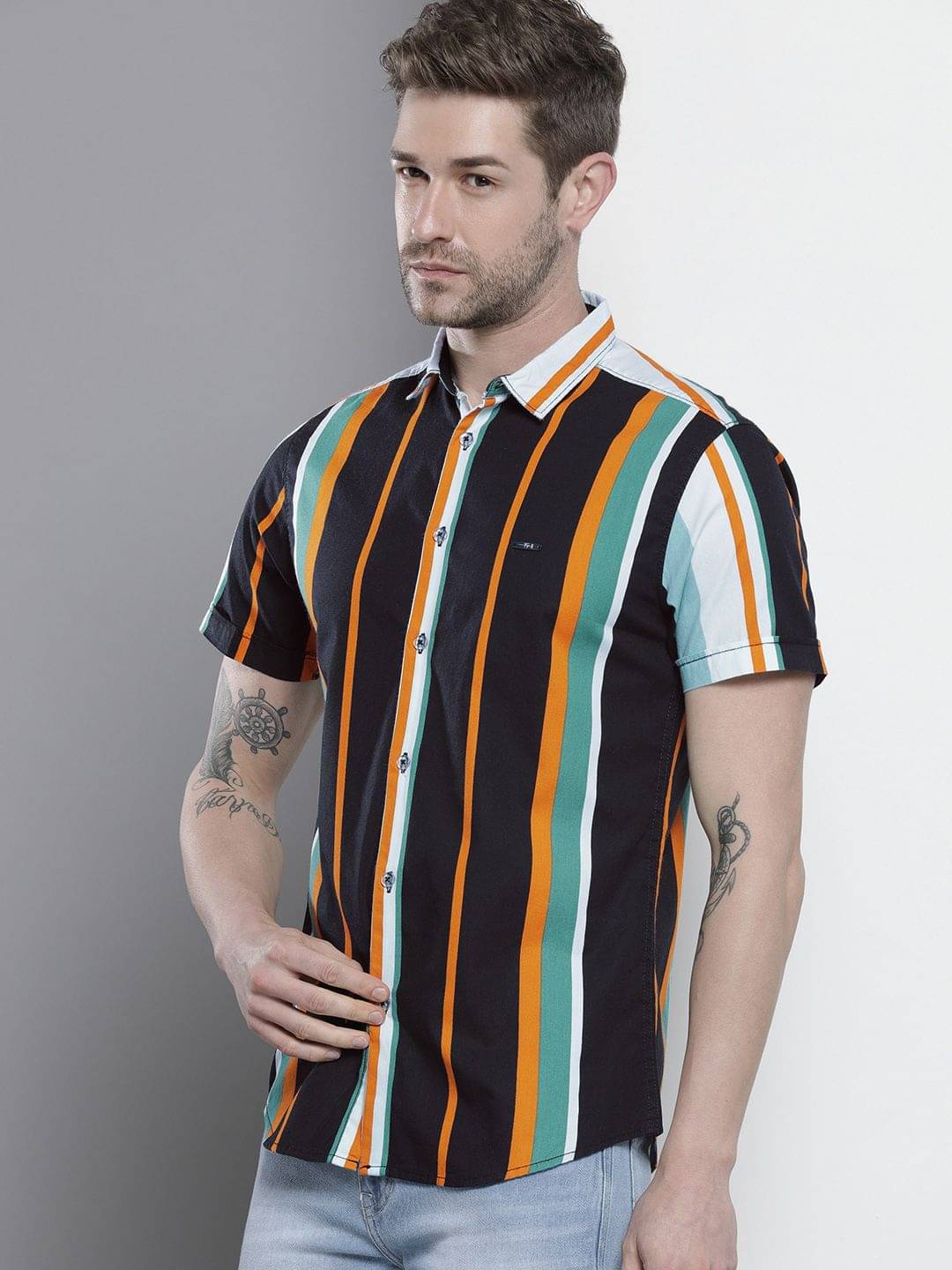     			The Indian Garage Co Men Black & Orange Striped Casual Shirt
