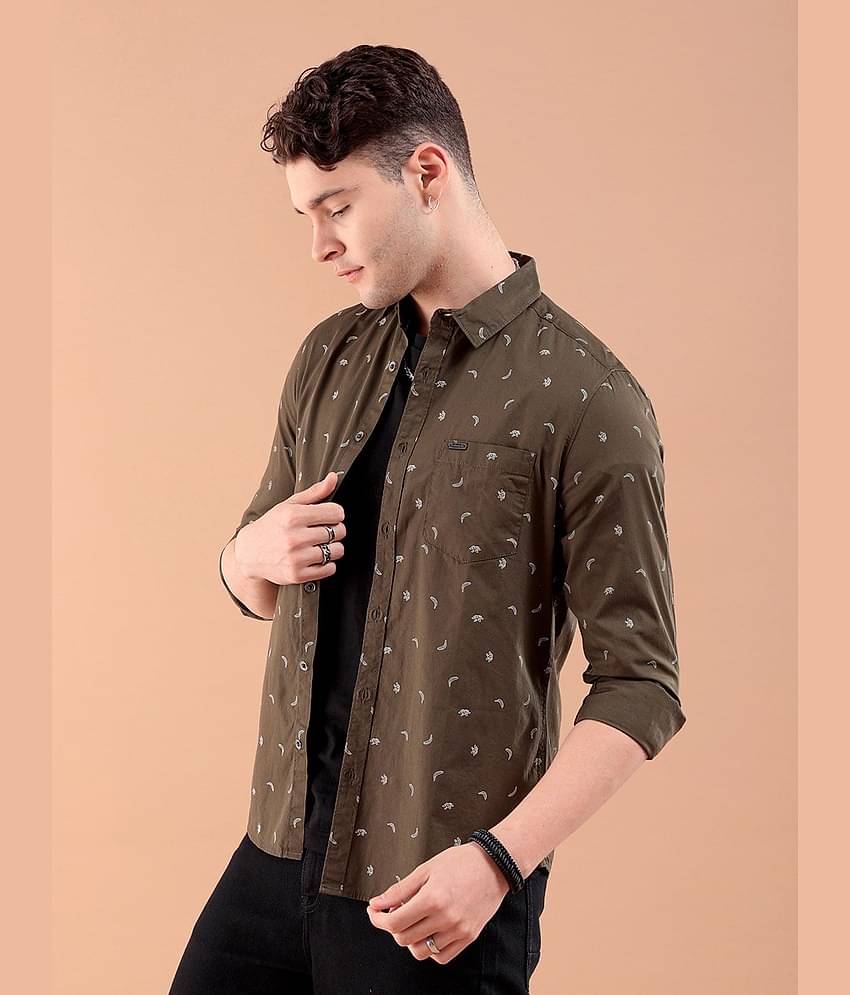 The Indian Garage Co Men Olive Green & White Slim Fit Printed Casual Shirt