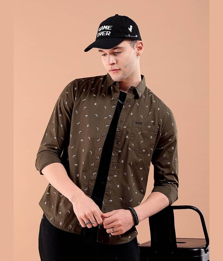 The Indian Garage Co Men Olive Green & White Slim Fit Printed Casual Shirt