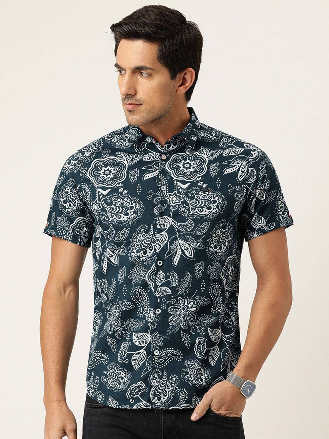 The Indian Garage Co. 100% Cotton Slim Fit Printed Half Sleeves Men's Casual Shirt - Navy Blue ( Pack of 1 )     			The Indian Garage Co. 100% Cotton Slim Fit Printed Half Sleeves Men's Casual Shirt - Navy Blue ( Pack of 1 )
