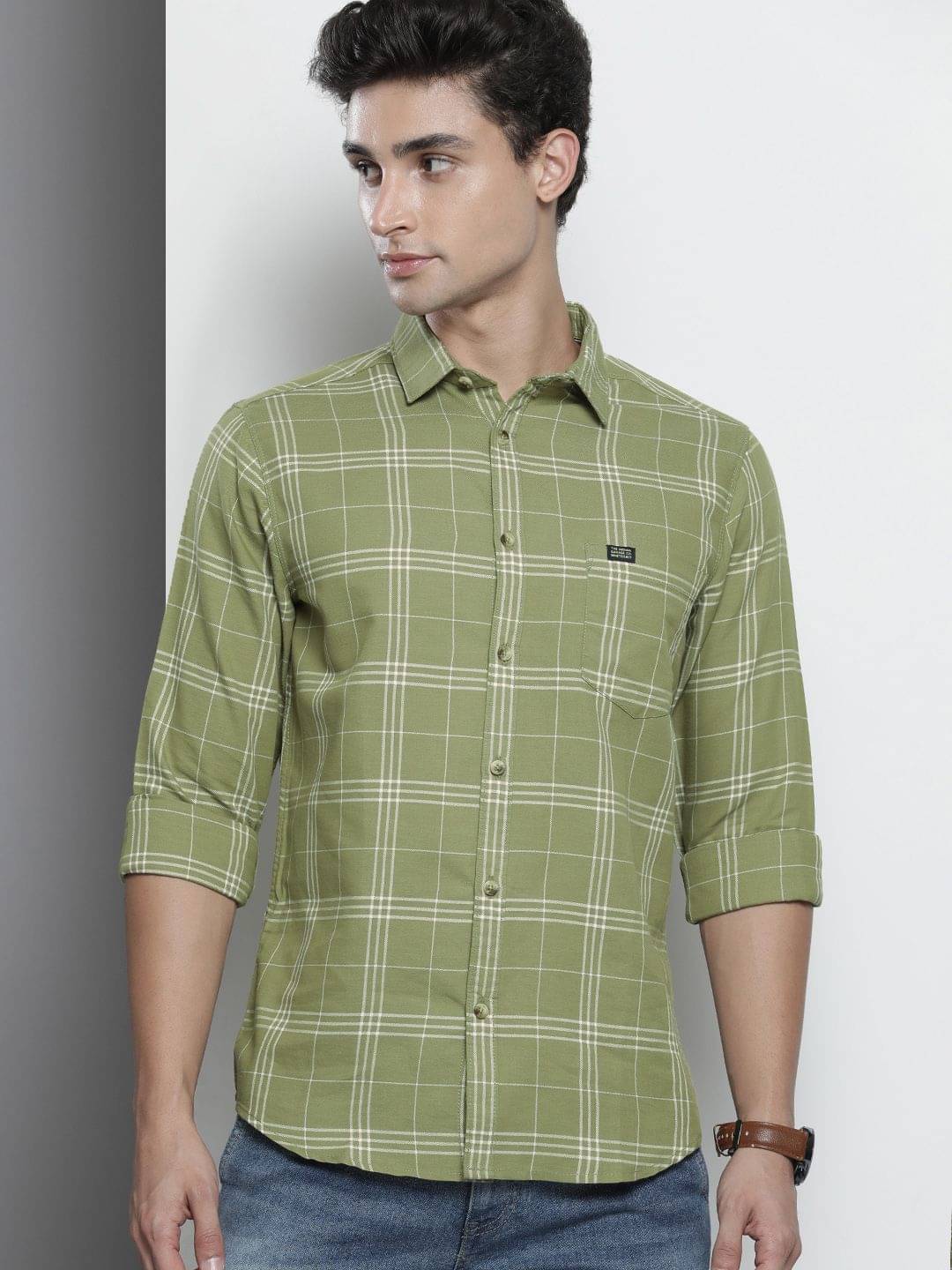     			The Indian Garage Co Men Green & White Pure Cotton Checked Casual Shirt