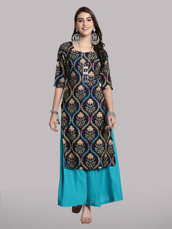 1 Stop Fashion Pack of 1 Crepe Printed Straight Women's Kurti - ( Navy Blue ) 1 Stop Fashion Pack of 1 Crepe Printed Straight Women's Kurti - ( Navy Blue )