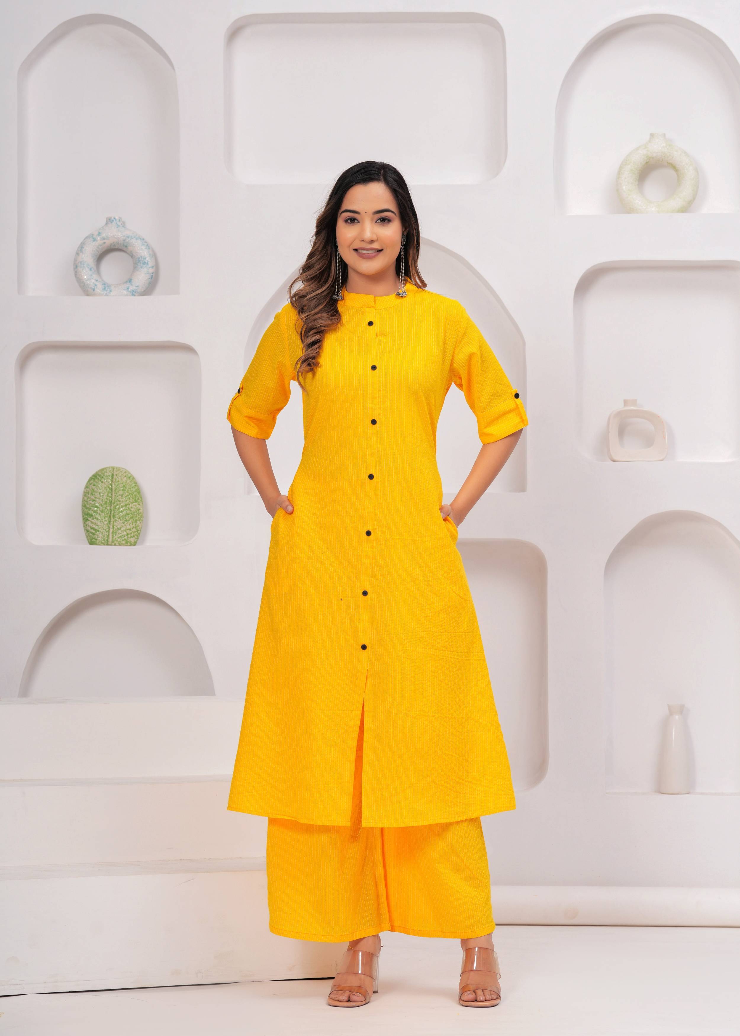Angvarnika Pack of 1 Cotton Striped A-line Women's Kurti - ( Yellow ) Angvarnika Pack of 1 Cotton Striped A-line Women's Kurti - ( Yellow )