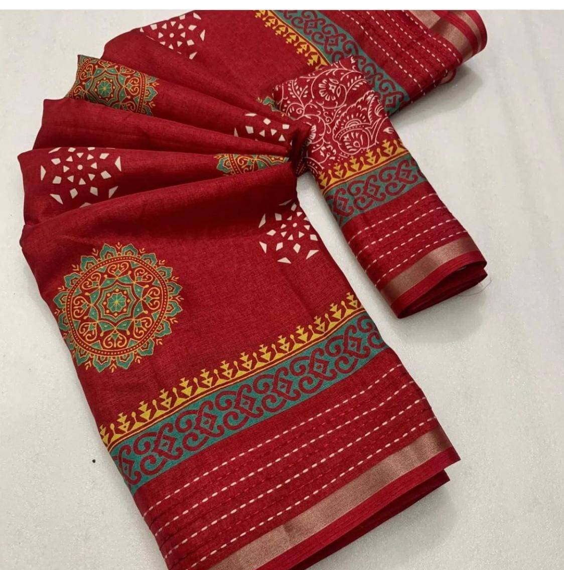     			Bhuwal Fashion Art Silk Printed Saree With Unstitched Blouse Piece ( Red )
